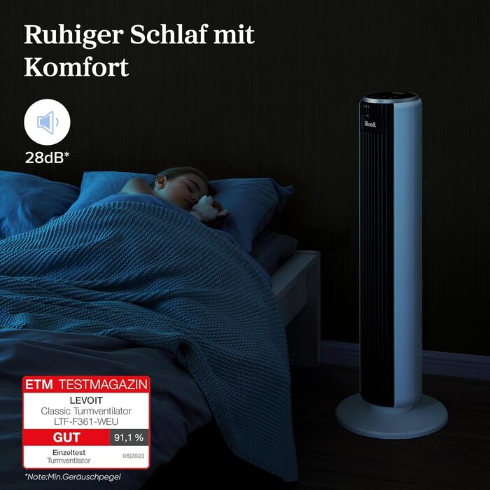 Турбовентилятор Levoit з тихим режимом сну, таймером 12 год, 4 режими, 5 швидкостей, авто-режим з датчиком, осциляція, пульт керування, білий, 92 см