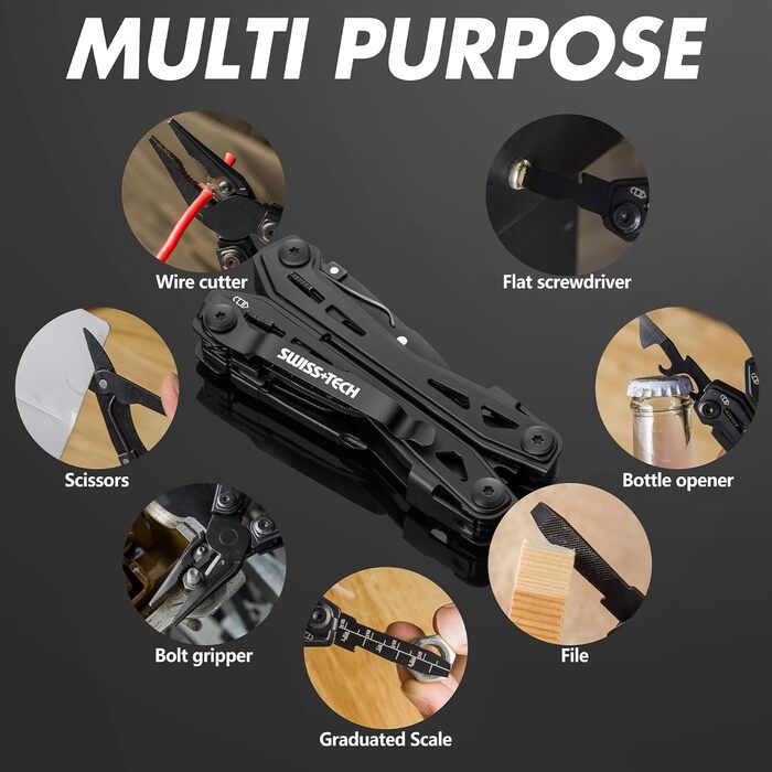 Мультитул Swiss+Tech 16 в 1 з нержавіючої сталі, мультифункціональний інструмент з ножем, відкривачкою та кліпсою для ременя, для кемпінгу та ремонту, з чохлом, чорний