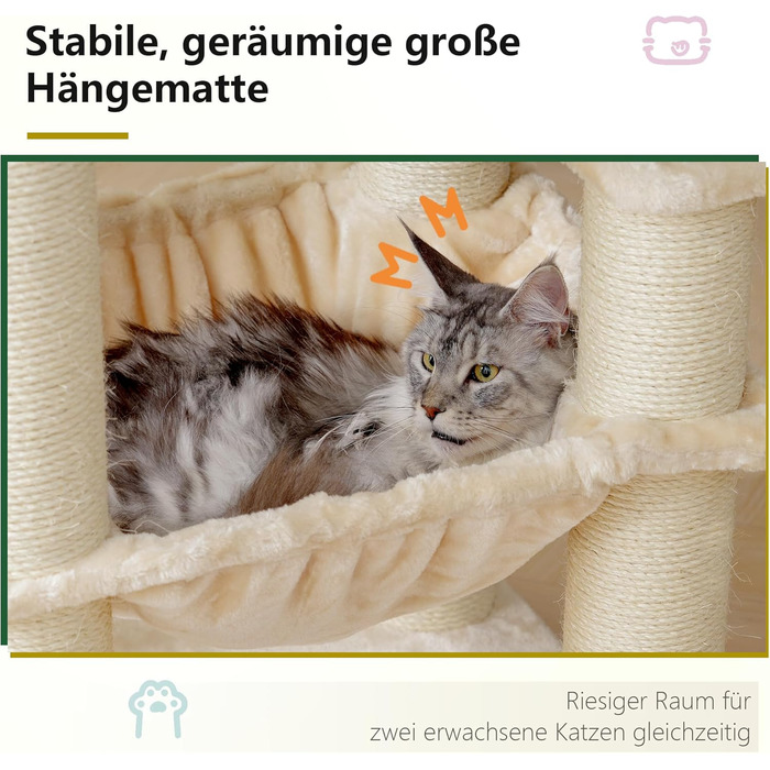 Кігтеточка XXL для мейн-куна, 168 см, з гамаком, сизаловим стовпом (φ11 см), когтеточкою, 2 платформами, будиночком, корзиною, бежева EMPJ01M