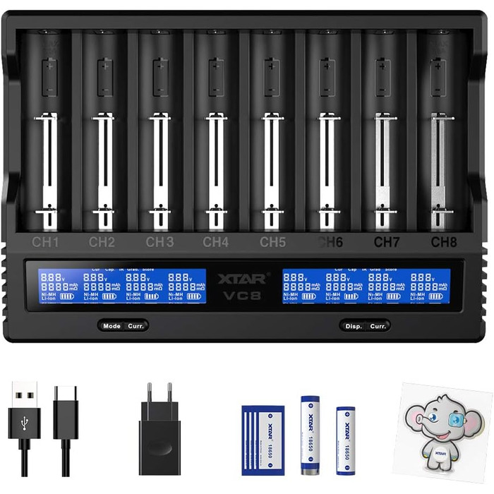 Зарядний пристрій Xtar VC8 для акумуляторів 18650/21700 з LCD-дисплеєм та тестуванням ємності, сумісний з 10440, 16340, 17670, 26650, AA, NI-MH