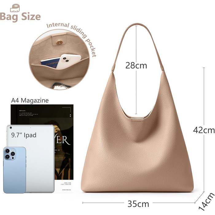 Сумка жіноча KALIDI Shopper Hobo з PU шкіри, бежева, для роботи, навчання, повсякдення, з кнопкою
