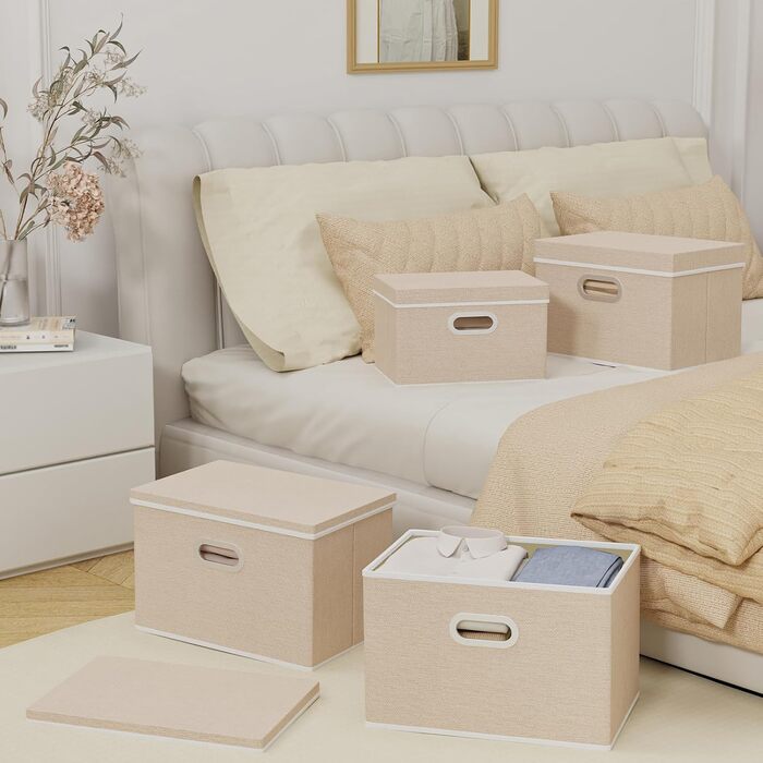 Yawinhe 3-Piece Storage Boxes with Lids, Foldable Fabric Box with Handles, Storage Boxes, for Bedroom, Clothes Storage, 32x23x20cm, SNK023G-3 (32x23x20cm/3-Pack, Beige)