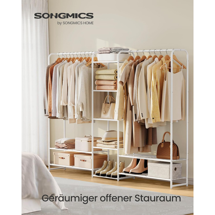 SONGMICS Взуттєва шафа, відкрита вішалка для одягу, металева, з полицями, 29 x 112 x 158,4 см, матово-білий LGR462W01