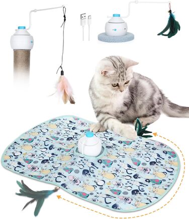 Cat Toy Self-Entertainment, 3 IN 1 Interactive Feather Toy for Cats with 360 Degree Automatic Rotating, USB Rechargeable Complete Set Cat Accessories Electric (Light Blue)