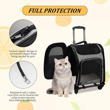 Транспортна переноска для котів та собак на колесах, 360° обертання, з кишенями, вантажний візок-рюкзак, портативна та дихаюча, для маленьких собак та середніх котів до 15 кг