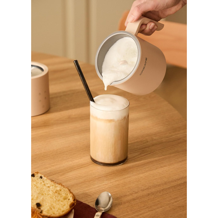 Електричний спінювач молока MilkFrother Cremeweiß з сенсорним екраном, 4 автоматичні програми, система безпеки, 350 мл, для гарячих та холодних напоїв, 400W (пісочний колір)