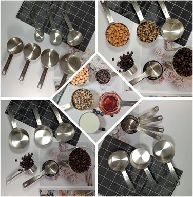 Stainless Steel Measuring Cups and Spoons Set, 8 Piece Measuring Cups, 9 Piece Spoons, 1 Leveler, 1 Conversion Chart for Stainless Steel Measuring Cups, 18/8 (304)