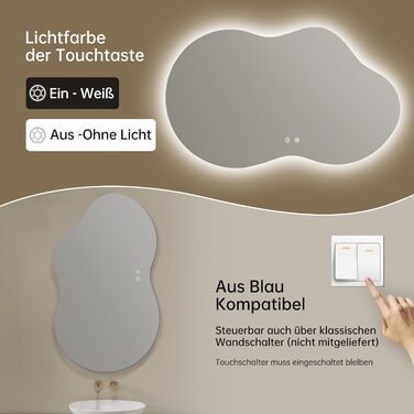 Дзеркало для ванної кімнати з підсвічуванням, без рами, 50x75 см, арочне, антизапар, сенсорний вимикач, регульована яскравість, 3 кольори світла