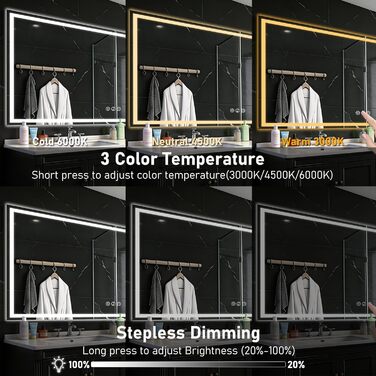 Дзеркало для ванної кімнати 50x70 см з підсвічуванням LED, антизапарююче, димування, 3 кольори світла, Bluetooth