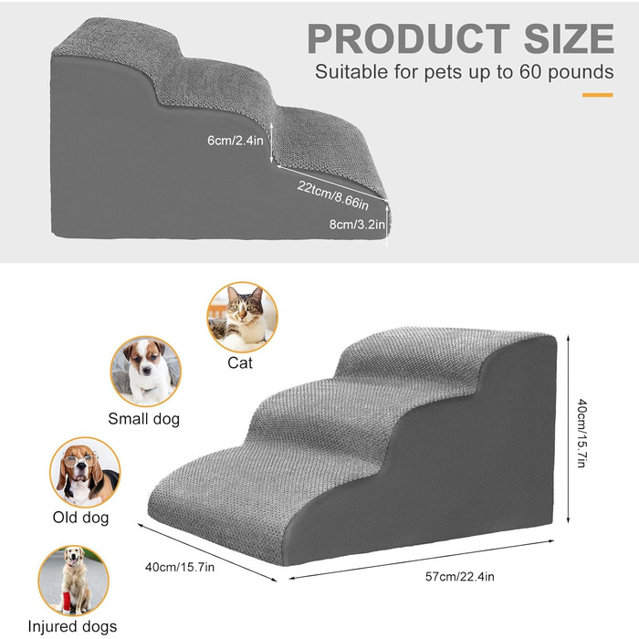 Dog stairs for small dogs, 3 steps pet stairs, cat stairs, sponge dog ramp for sofa bed, dog steps with removable cover, washable pet ladder, lint roller included, grey