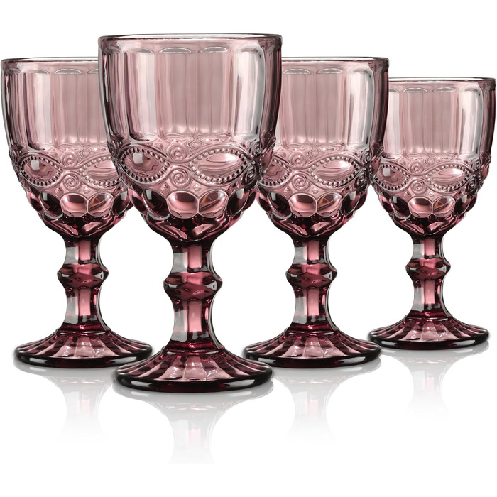 Joeyan Lila Vintage Wine Glasses with Embossed Design, Colored Relief Red Wine Glasses White Wine Glasses, Drinking Glasses, Goblet Glasses, Wine Goblet for Wine Juice Drinks, 300 ml, Set of 4, Dishwasher Safe