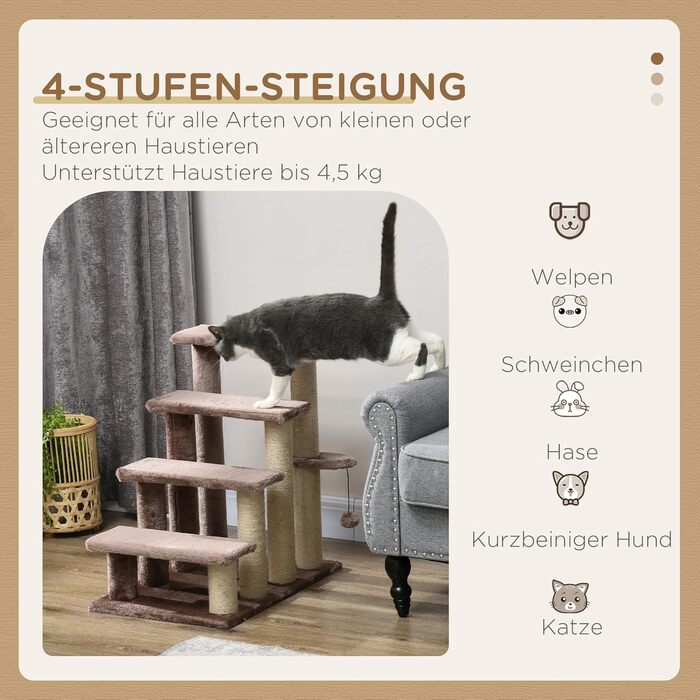 PawHut 3-Step Pet Stairs with Scratching Posts, Ball, Dog Stairs, Pet Stairs for Cats up to 5 kg, Plush Jute, White, 45 x 40 x 48 cm (60L x 40W x 64H cm, Brown)