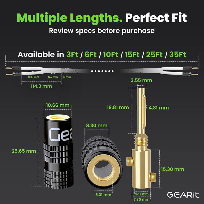 Акустичний кабель GEARit з банановими штекерами 12 AWG, 10.7 м, OFC CL2, плетений для Hi-Fi, домашнього кінотеатру, підсилювачів (Золотий)