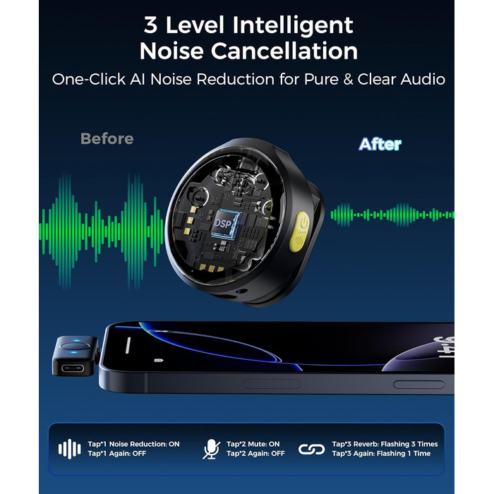 Мікрофон-петличка Aceele бездротовий для iPhone/Android/планшетів/ПК, Hi-Fi звук, шумозаглушення, 24 години роботи, радіус дії 50м, мініатюрний мікрофон для відео/стрімінгу/влогів/подкастів/інтерв'ю з кейсом для зарядки