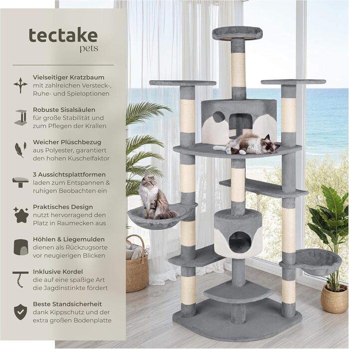 Дерево для котів tectake® XXL з аксесуарами: лежанка, 2 котячі будиночки, когтеточка з сизалевого мотузка, сірий/білий