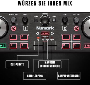 DJ контролер Numark DJ2GO2 Touch: 2-канальний, компактний, з мікшером та аудіоінтерфейсом, Serato Lite