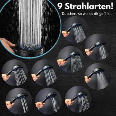 Насадка для душу Energy Rain з 9 режимами, високий тиск, економія води, ручна лійка для душу, чорний колір