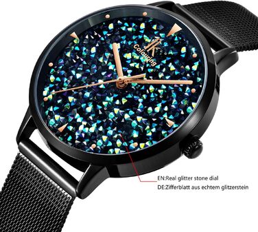 Жіночий годинник Alienwork IK Shine з блискітками та сталевим сітчастим ремінцем Mesh, чорний