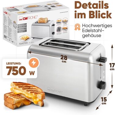 Тостер Clatronic TA 3822 з 2-ма тостами, підставка для хліба, нержавіюча сталь