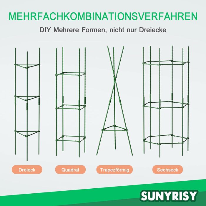 SUNYRISY Tomato Support Stakes Set, Tomato Plant Holders, Climbing Plant Trellis, Plant Support for Flowers & Vegetables, DIY Adjustable 6-Piece Set, 120 cm Height, Green