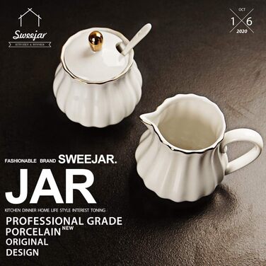 Sweejar Home Royal Ceramic Sugar and Creamer Set, 3-Piece Set with Cream Pitcher, Sugar Bowl, Sugar Set with Lid and Spoon, Coffee Service, Wedding Gift (White, New)