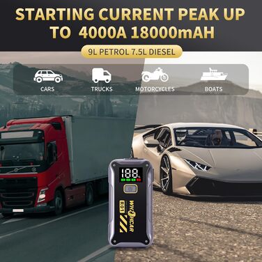 Powerbank Starthilfe 4000A: Портативний пусковий пристрій для авто 12V з LCD дисплеєм та LED ліхтариком. Запускає бензинові двигуни до 9.0L та дизельні до 7.5L. Підходить для SUV, мотоциклів, газонокосарок.
