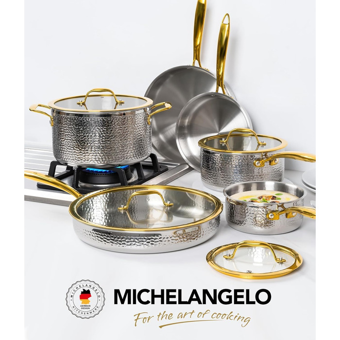 Набір посуду MICHELANGELO Luxus 10 предметів для індукції: каструлі та сковороди з позолоченими ручками, нержавіюча сталь, преміум-якість