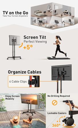 Підставка для телевізора Perlegear з роликами, 32-70 дюймів, плазма/LCD/LED, регулювання висоти та нахилу (-15° до +5°), до 40 кг, VESA 400x400 мм