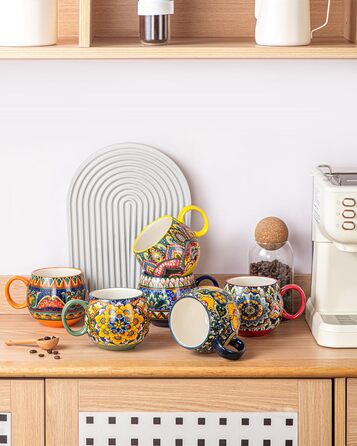 Набір чашок з порцеляни, керамічні чашки капучино/кружки - 600 мл, посуд для 6 осіб, набір чашок для кави - богемний стиль