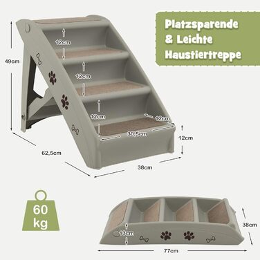 COSTWAY 4-Step Pet Stairs with Carpet, Dog Stairs Plastic Cat Stairs Folding, Portable Dog Ramp Pet Stairs for Dogs and Cats, Pet Ramp for Climbing and Scratching (Gray)