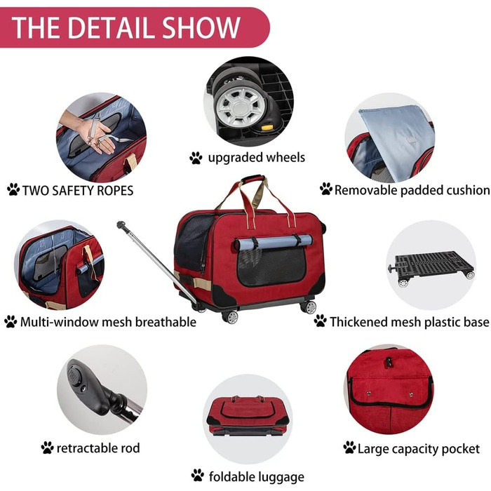 Переносний переноска для тварин з телескопічною ручкою, ролери для собак та котів (червоний)