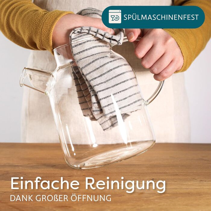 Чайник зі скла 1,5 літра з дерев'яним кришкою та фільтром - для гарячих та холодних напоїв - придатний для миття в посудомийній машині - стійкий до холоду та тепла - ідеальний для літа та зими