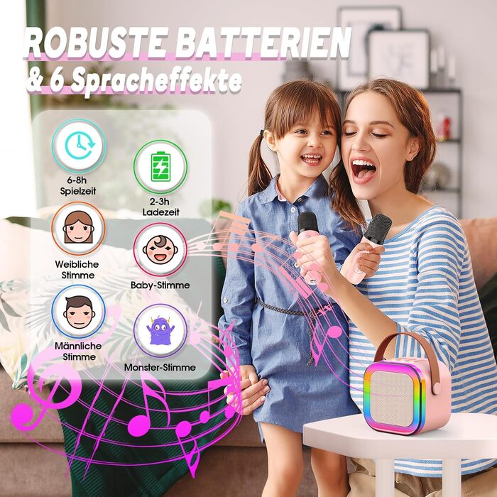 Караоке машина для дітей 3-12 років Dislocati з 2 мікрофонами Bluetooth, рожева. Портативна музична іграшка зі світлодіодами для вечірок