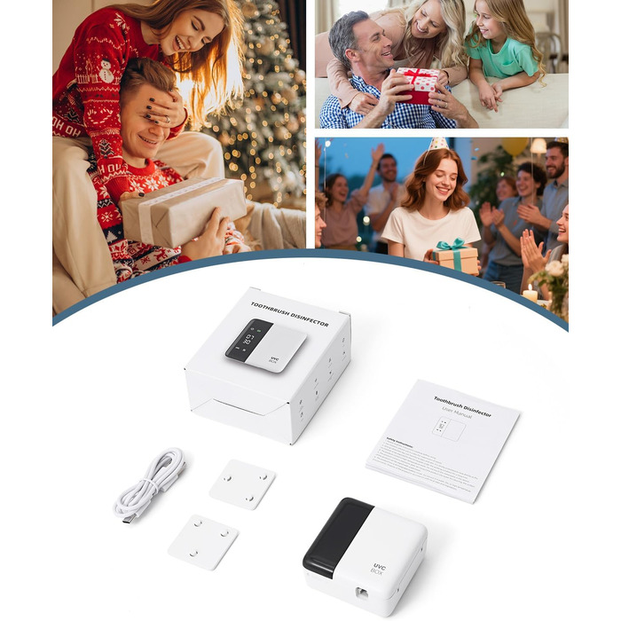 Електричний стерилізатор зубних щіток з сушкою 60°C, LED-дисплеєм, годинником, акумулятором та кріпленням на стіну без свердління. Білий+чорний