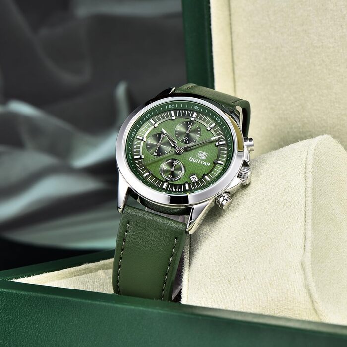 Годинник чоловічий BENYAR Chronograph Аналоговий кварц Водостійкий зі світлодіодною підсвічуванням дати, стильний бізнес-годинник для чоловіків (зелений)