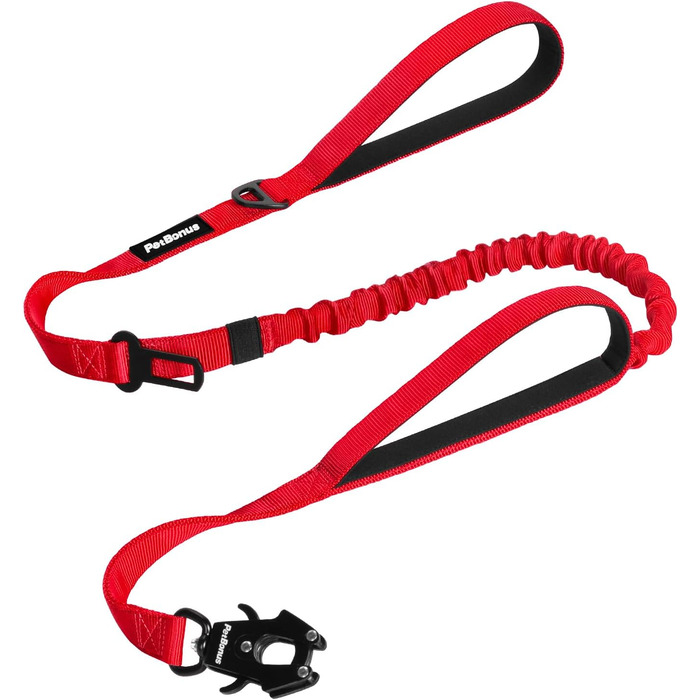 Тактична повідок для собак PetBonus Heavy Duty, 1,5м, еластична, з двома м'якими ручками, страхувальний ремінь для авто, навчальна повідок No Pull для великих та середніх собак (Армійний зелений, Червоний)
