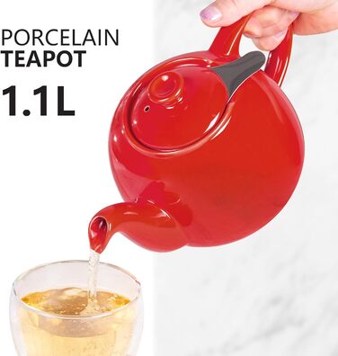 Teapot with infuser, Swansea Sea Green 1.1 L with filter, made of porcelain by URBAN LIFESTYLE, a drip-free teapot. Teapot with infuser, porcelain (Red)