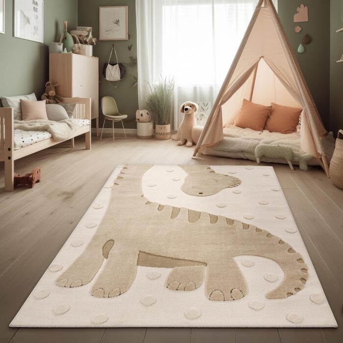 Дитячий килим Paco Home Kinderteppich 80x150 см, бежевий з левами, 3D ефект, м'який, гіпоалергенний, для дитячої кімнати