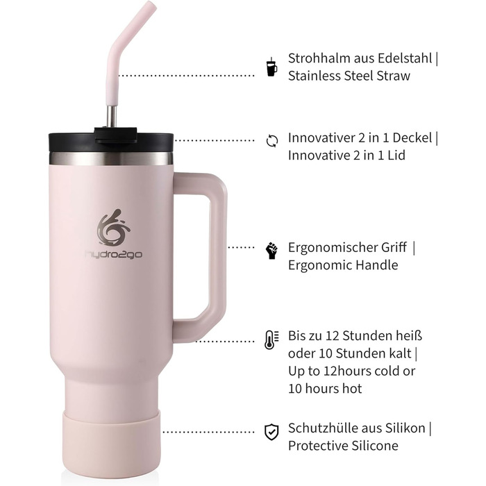Термокружка Hydro2Go з трубочкою – BPA-free, придатна для миття в посудомийній машині, 10 годин гаряче/12 годин холодне, термокружка To-Go (1200 мл, Рожевий)