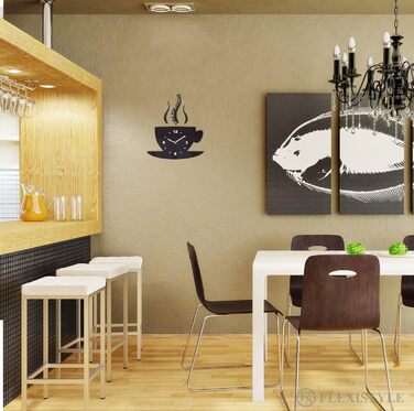 FLEXISTYLE Coffee Time Mug Clock, Modern Kitchen Wall Clock, Black, 3D Roman, Wall Clock Decor, 32 x 19 cm