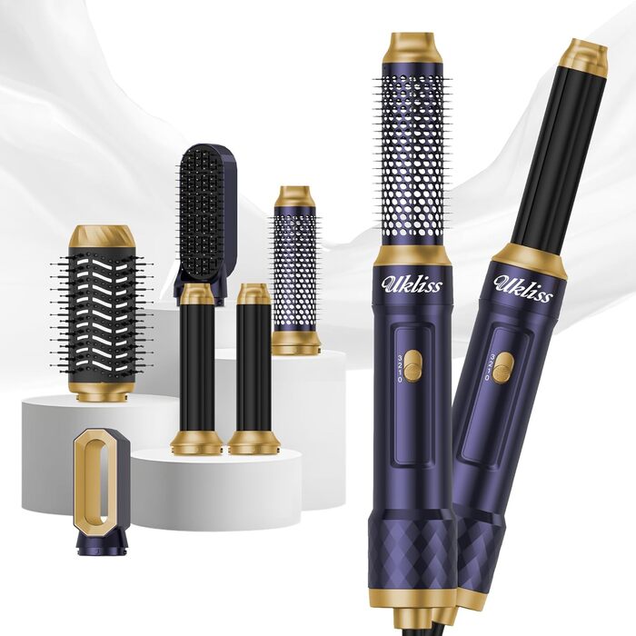 UKLISS 6-в-1 Стайлер для волосся та фен Pro: набір для створення локонів, випрямлення, сушіння, іонізація, Airbrush, подарунок для жінок, блакитний/рожевий