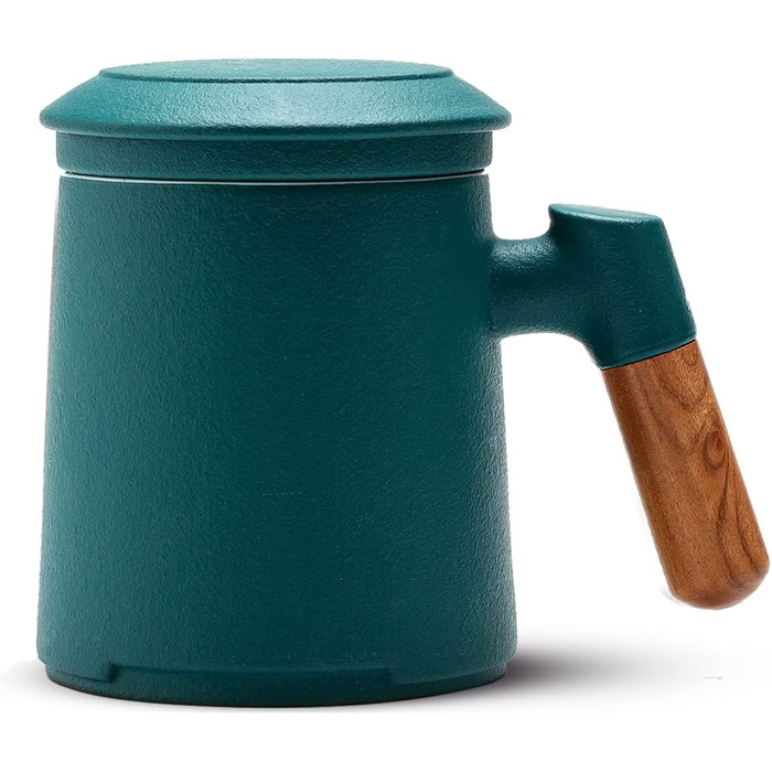 ZENS Teacup with Lid and Infuser, 360 ml Wooden Handle Teacup with Tea Strainer and Lid for Loose Leaf Tea, Matte Ceramic Teacups Gifts for Tea Lovers, Hand-Sprayed Dark Green Glaze