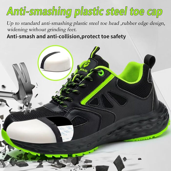 Черевики безпеки ISOOUS для чоловіків та жінок. Легкі, дихаючі, антиковзкі кросівки з пластиковим носком. Ідеально підходять для кухні, спорту. Розмір 47 EU, чорний/зелений.