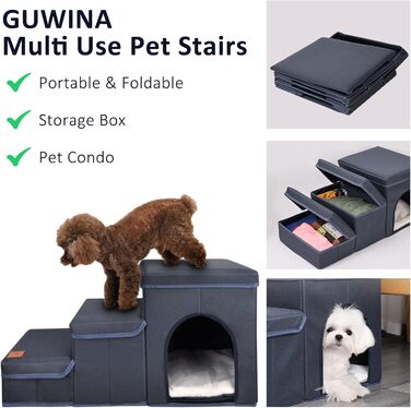 Dog Stairs 3 Steps, Pet Stairs Foldable for Sofa & Bed, Removable Pet Stairs Folding with Storage Box, Multifunctional Pet Ladder for Small Dogs Cats (Blue)