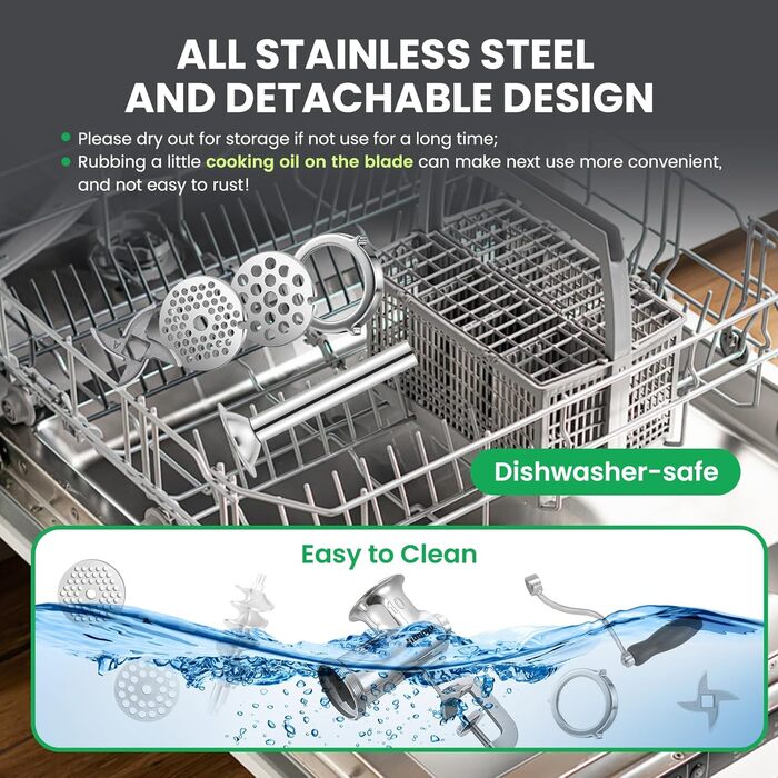 М'ясорубка ручна Huanyu з нержавіючої сталі та насадкою для ковбас, 10 розмір, посудомийна