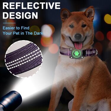 Світловідбиваючий нашийник для Apple AirTag для собак, регульований, водонепроникний, для малих, середніх та великих собак, L (32-43.5 см), фіолетовий