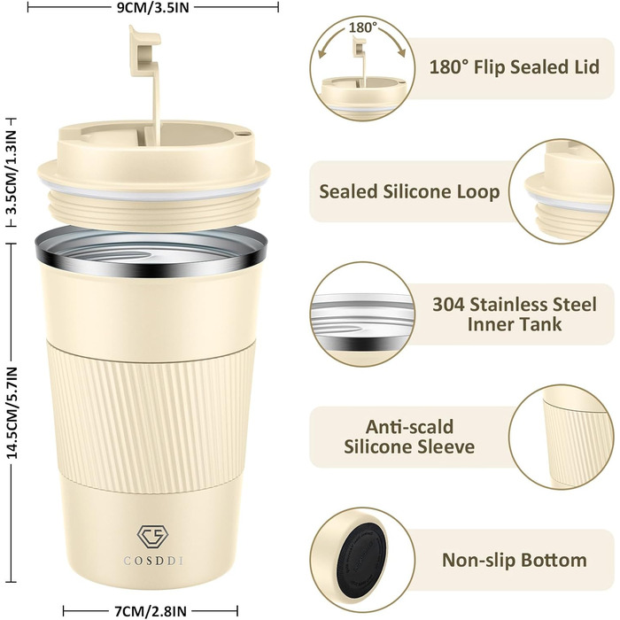 Термокружка CS COSDDI з нержавіючої сталі, 380 мл, для кави, води та чаю, з кришкою, подвійні стінки, ізольована, 1 шт.
