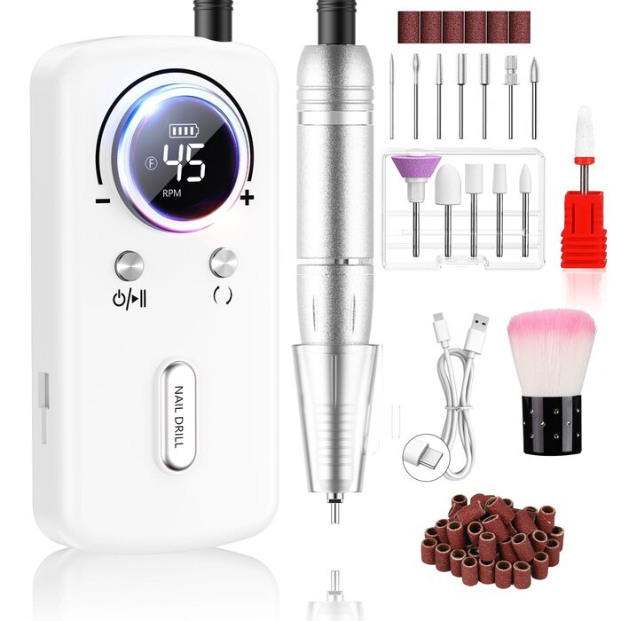 Професійний портативний фрезер для нігтів 45000 об/хв з LCD-дисплеєм - для акрилу та гелю, 11 насадок, рожевий/білий