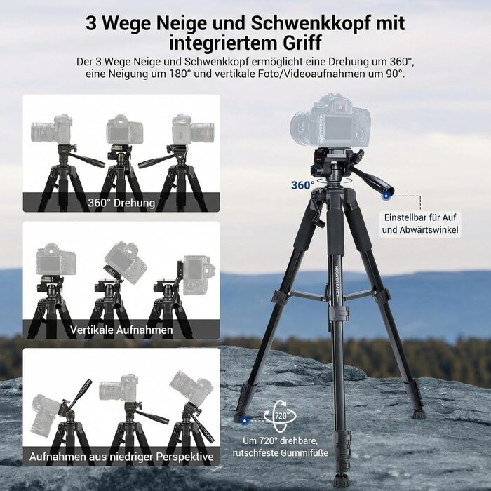 Полегшений алюмінієвий штатив для камери та смартфона NEEWER Basics TP56, професійний компактний трипод для подорожей з 3-позиційною нахильною головкою, висота 188 см