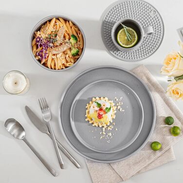 Набір посуду Vancasso SESAM Serie Steingut (16 предметів) для 4-12 осіб – тарілки, миски, чашки, скандинавський дизайн, темно-сірий, біло-сірий, блакитний, зелений